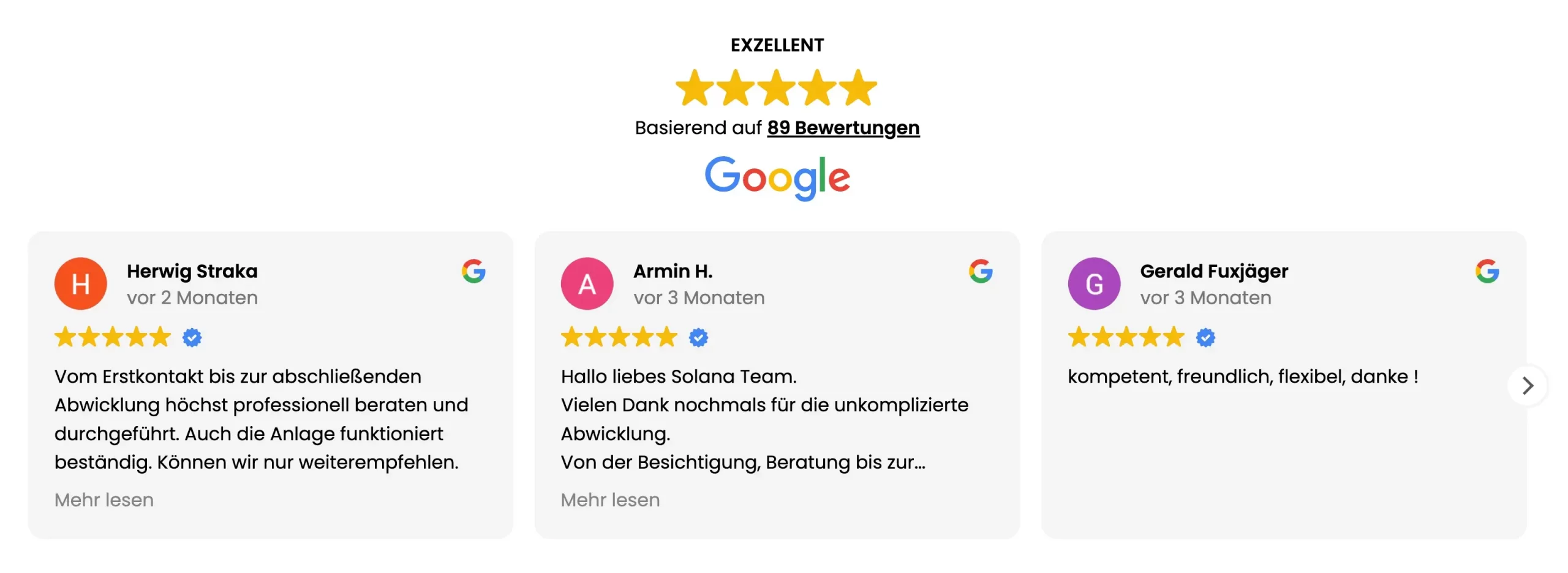 Google Reviews vom Februar 2026, 89 Bewertungen mit durchwegs 5 Sternen, insbesondere die Unterstützung für Förderungen in Zusammenhang mit dem Fördercall wird gelobt